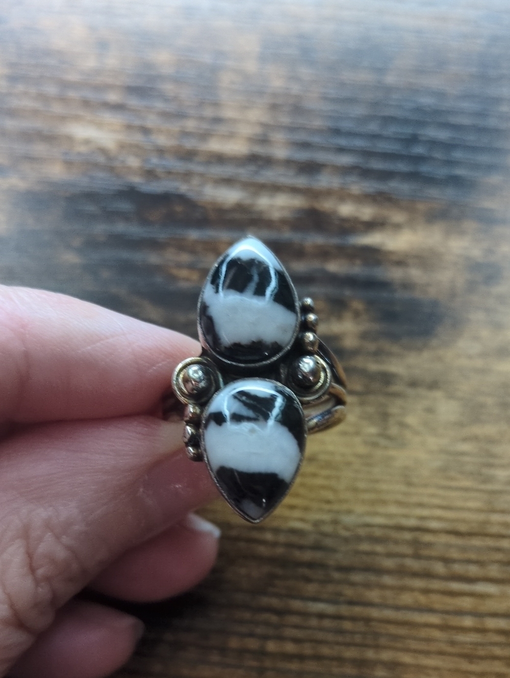 Sterling Silver Black and White Turquoise Teardrop Ring